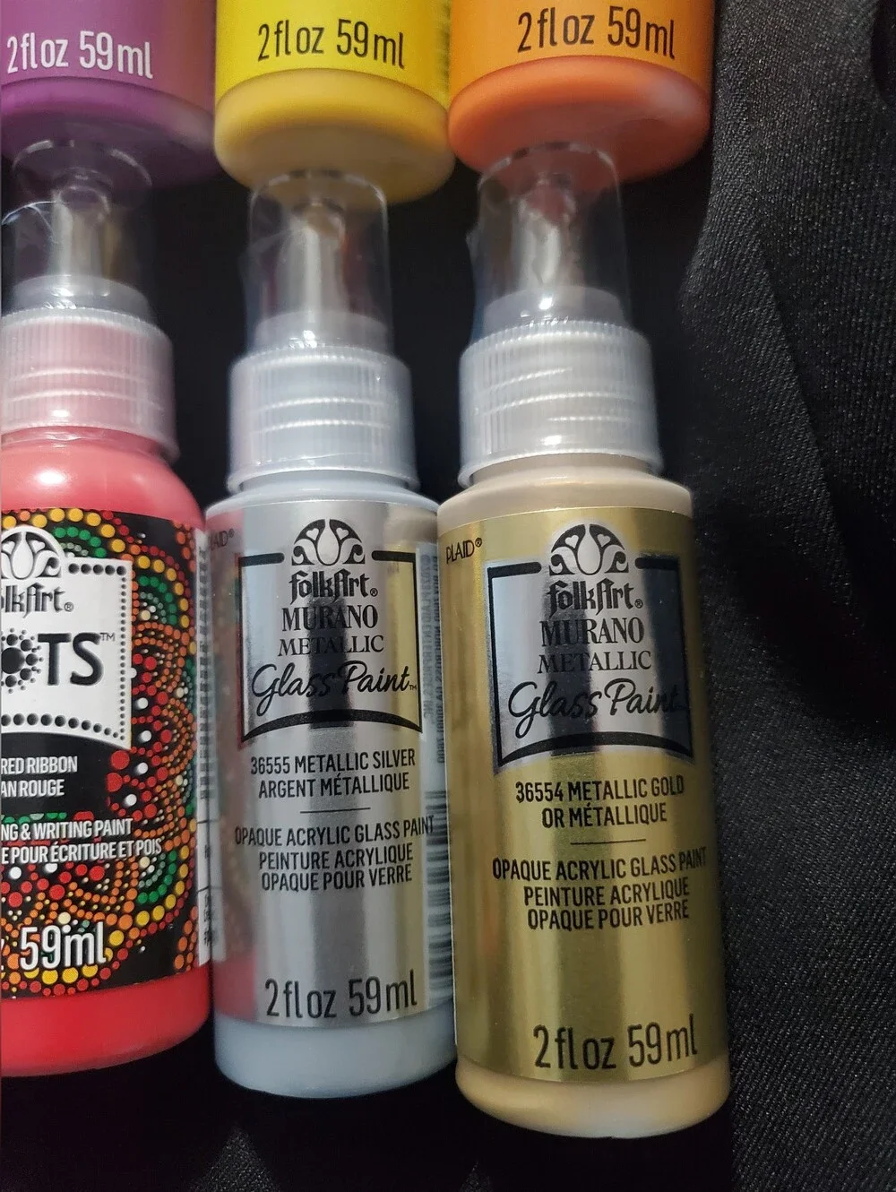 10 New  Folk Art Glass Paint Murano Transparent Metallic &dots Paint 2fl Oz Each